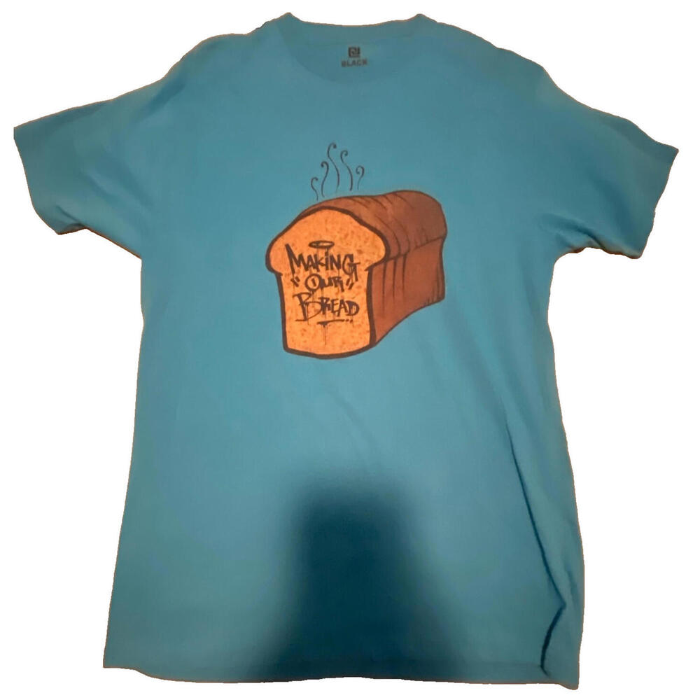 Bread Brand Men's T-Shirt Color Blue Brown Print Size Large Making Our Bread